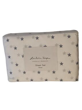 London Kaye Blue & White Star Queen 4 Piece Sheet Set New